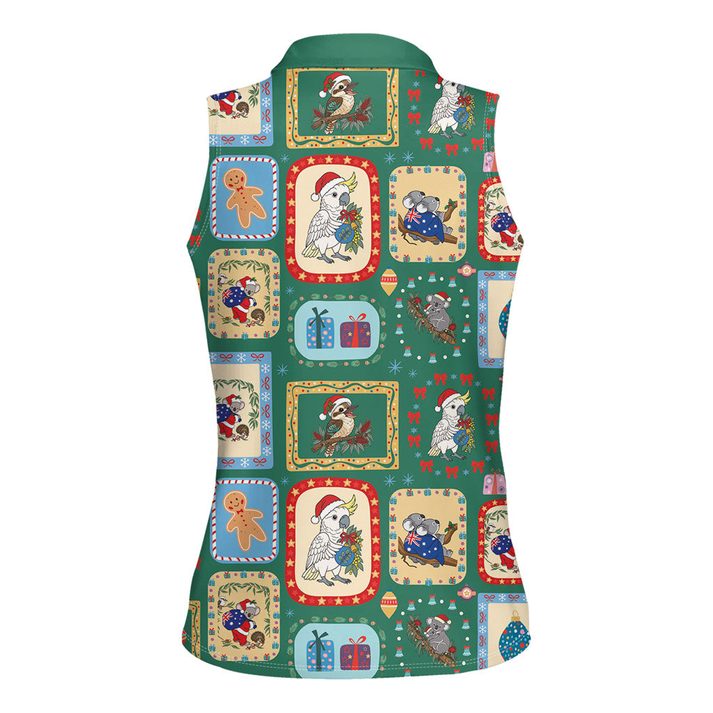 Australia Wildlife Christmas Stamp Women Sleeveless Polo Shirt Green Aussie Native Animal Seamless Pattern