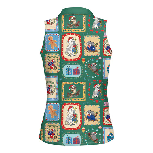 Australia Wildlife Christmas Stamp Women Sleeveless Polo Shirt Green Aussie Native Animal Seamless Pattern