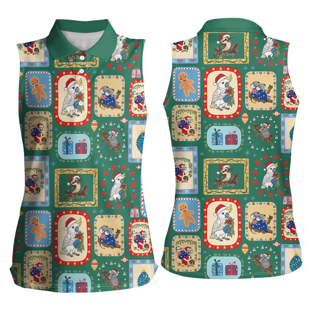 Australia Wildlife Christmas Stamp Women Sleeveless Polo Shirt Green Aussie Native Animal Seamless Pattern