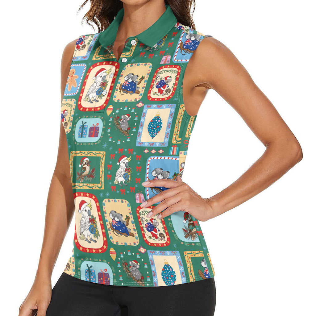 Australia Wildlife Christmas Stamp Women Sleeveless Polo Shirt Green Aussie Native Animal Seamless Pattern