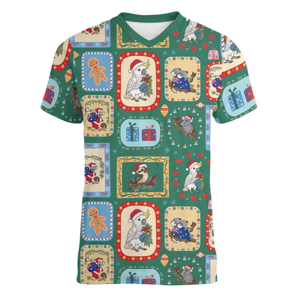 Australia Wildlife Christmas Stamp Women V-Neck T-Shirt Green Aussie Native Animal Seamless Pattern