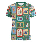 Australia Wildlife Christmas Stamp Women V-Neck T-Shirt Green Aussie Native Animal Seamless Pattern