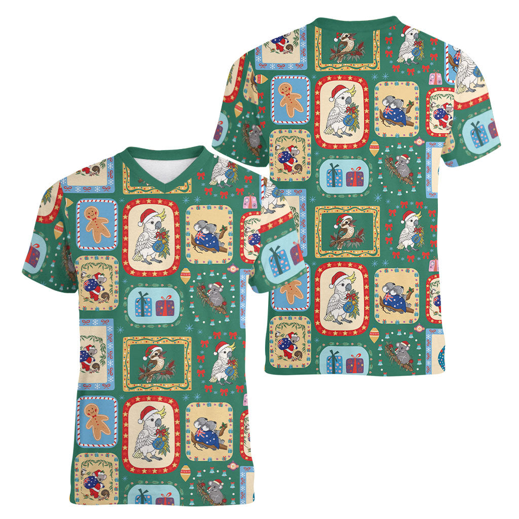 Australia Wildlife Christmas Stamp Women V-Neck T-Shirt Green Aussie Native Animal Seamless Pattern