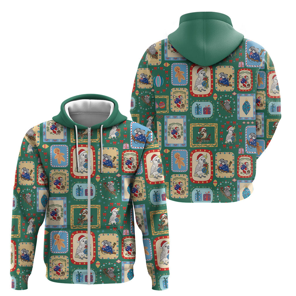 Australia Wildlife Christmas Stamp Zip Hoodie Green Aussie Native Animal Seamless Pattern