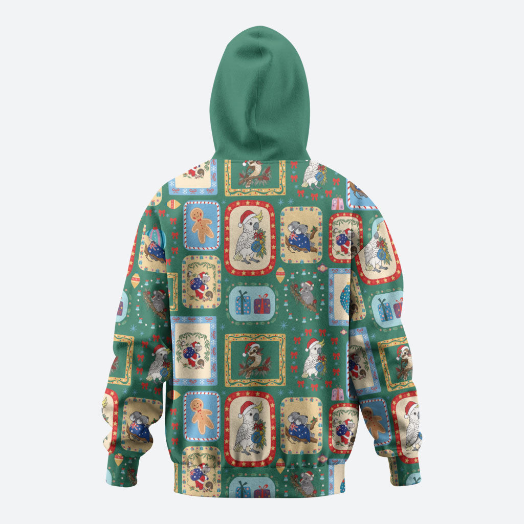 Australia Wildlife Christmas Stamp Zip Hoodie Green Aussie Native Animal Seamless Pattern
