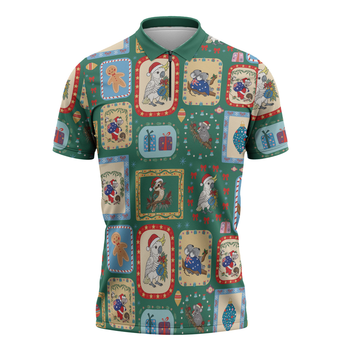 Australia Wildlife Christmas Stamp Zipper Polo Shirt Green Aussie Native Animal Seamless Pattern