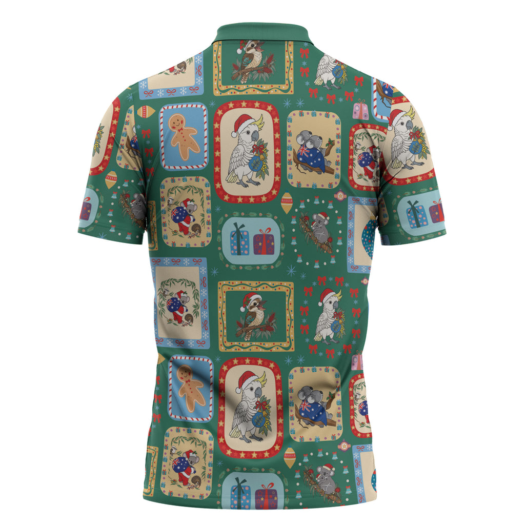 Australia Wildlife Christmas Stamp Zipper Polo Shirt Green Aussie Native Animal Seamless Pattern