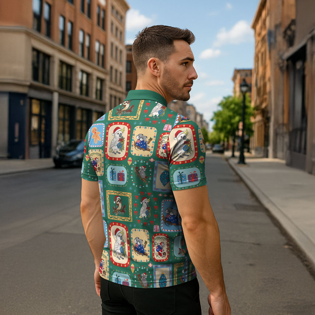 Australia Wildlife Christmas Stamp Zipper Polo Shirt Green Aussie Native Animal Seamless Pattern