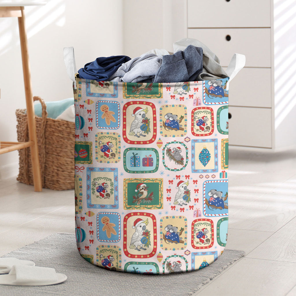 Australia Wildlife Christmas Stamp Laundry Basket Pink Aussie Native Animal Seamless Pattern