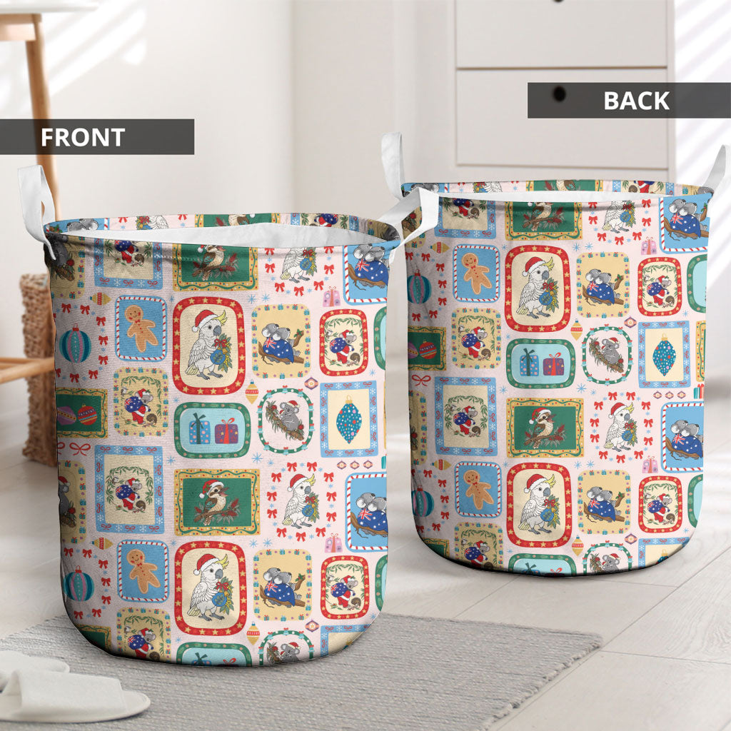 Australia Wildlife Christmas Stamp Laundry Basket Pink Aussie Native Animal Seamless Pattern