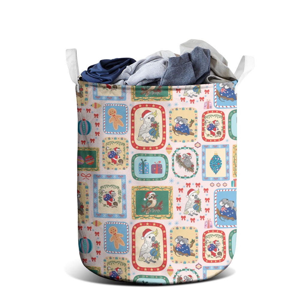 Australia Wildlife Christmas Stamp Laundry Basket Pink Aussie Native Animal Seamless Pattern