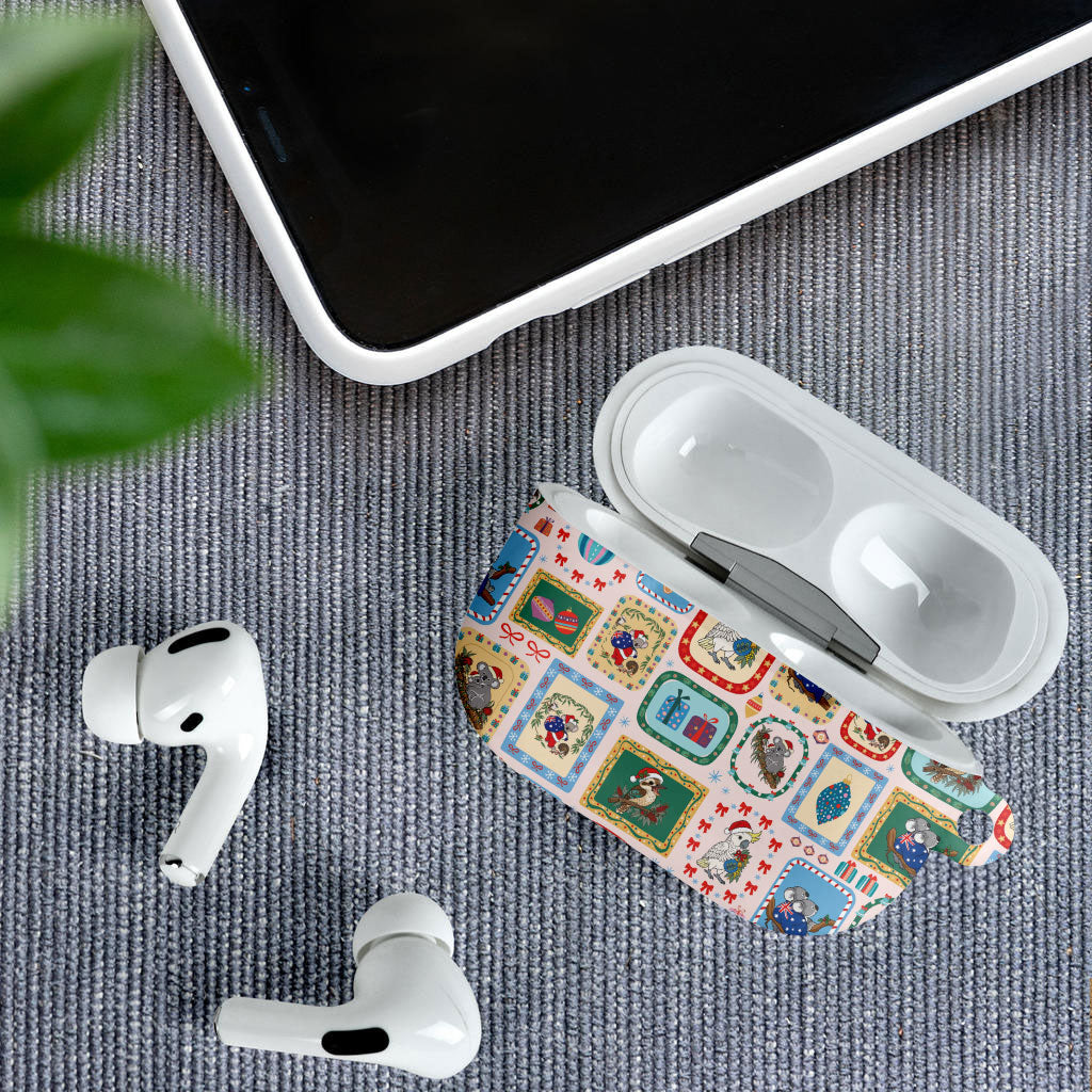 Australia Wildlife Christmas Stamp AirPods Case Pink Aussie Native Animal Seamless Pattern
