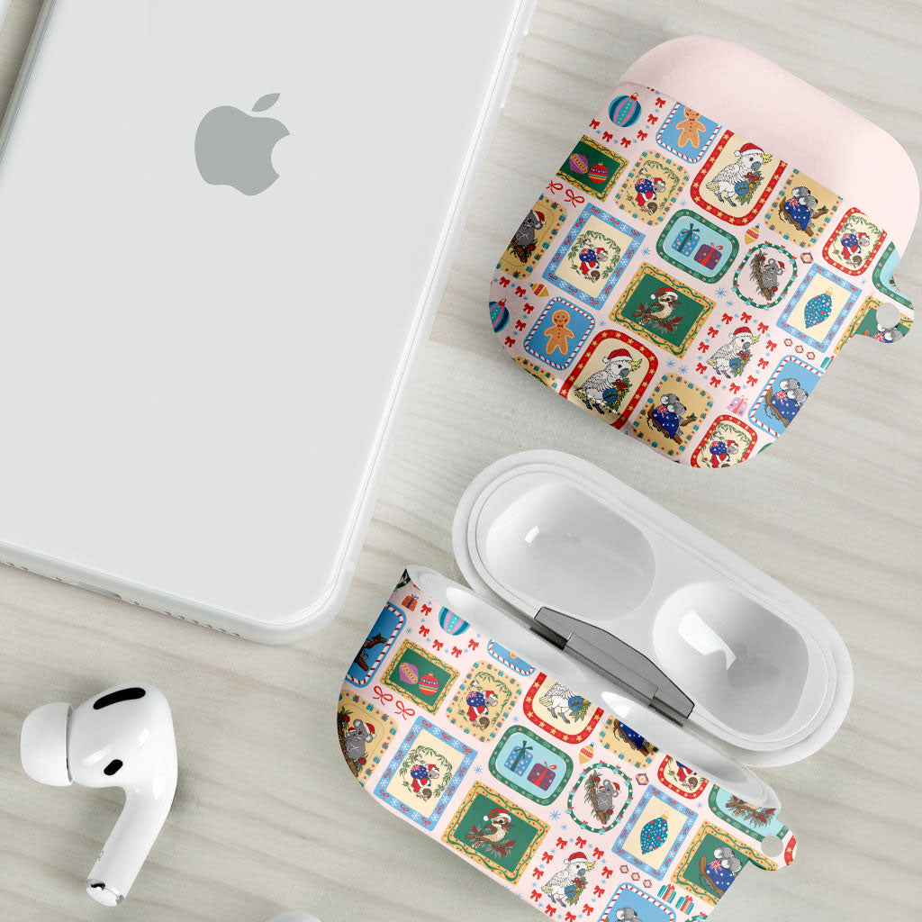 Australia Wildlife Christmas Stamp AirPods Case Pink Aussie Native Animal Seamless Pattern