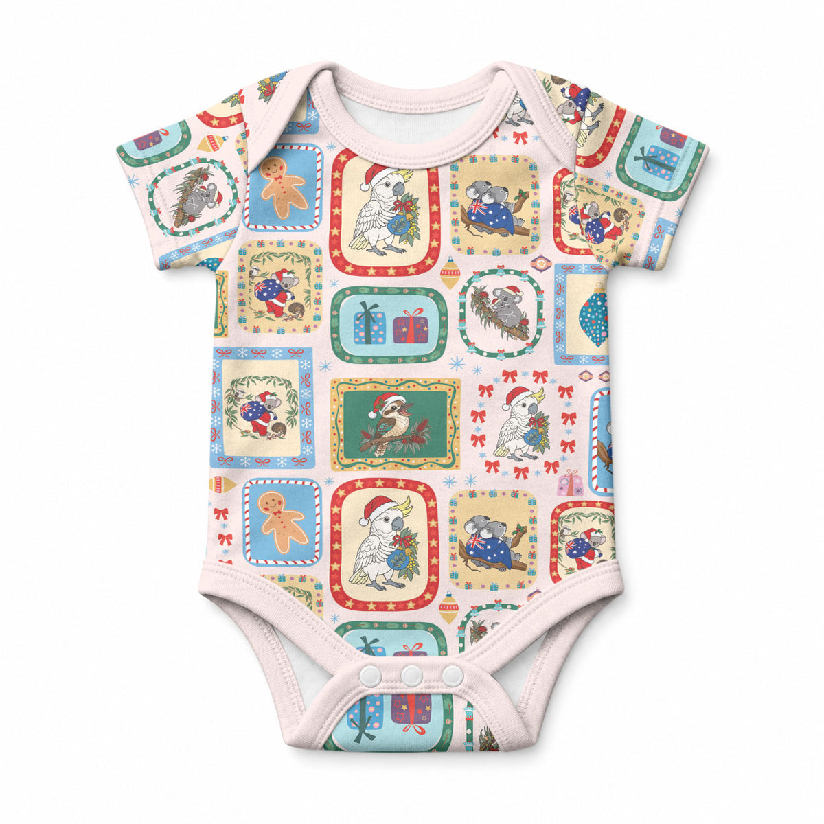 Australia Wildlife Christmas Stamp Baby Onesie Pink Aussie Native Animal Seamless Pattern