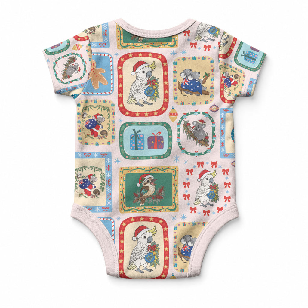 Australia Wildlife Christmas Stamp Baby Onesie Pink Aussie Native Animal Seamless Pattern