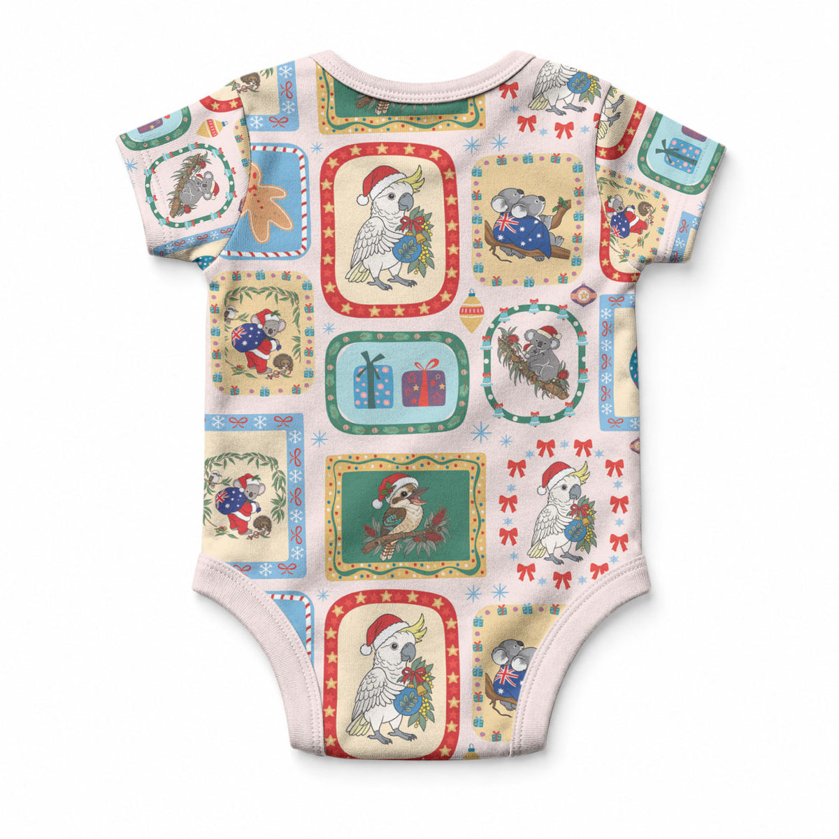 Australia Wildlife Christmas Stamp Baby Onesie Pink Aussie Native Animal Seamless Pattern