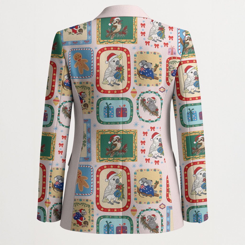 Australia Wildlife Christmas Stamp Blazer Pink Aussie Native Animal Seamless Pattern