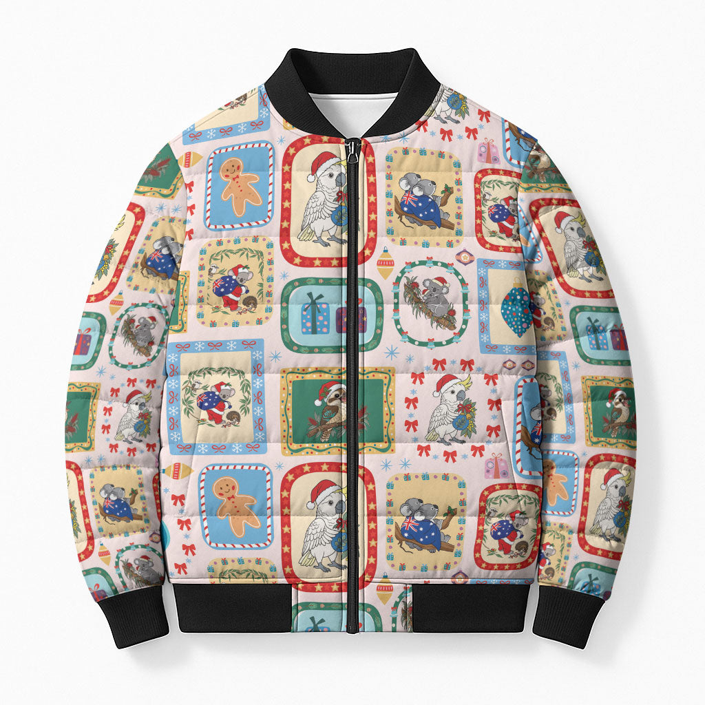 Australia Wildlife Christmas Stamp Bomber Puffer Jacket Pink Aussie Native Animal Seamless Pattern