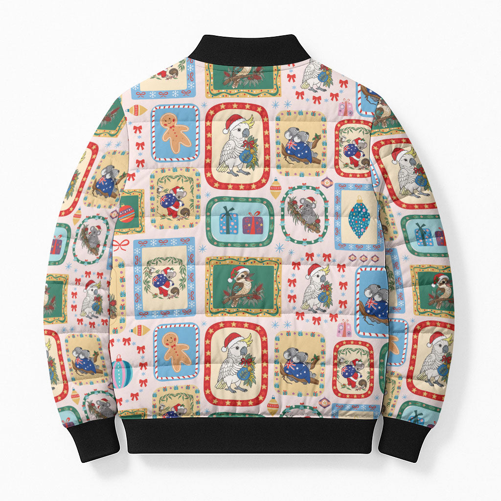 Australia Wildlife Christmas Stamp Bomber Puffer Jacket Pink Aussie Native Animal Seamless Pattern