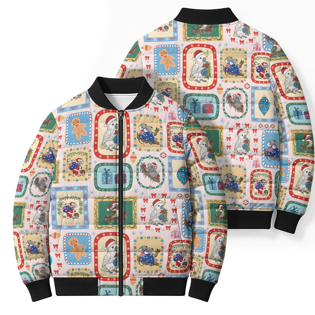 Australia Wildlife Christmas Stamp Bomber Puffer Jacket Pink Aussie Native Animal Seamless Pattern