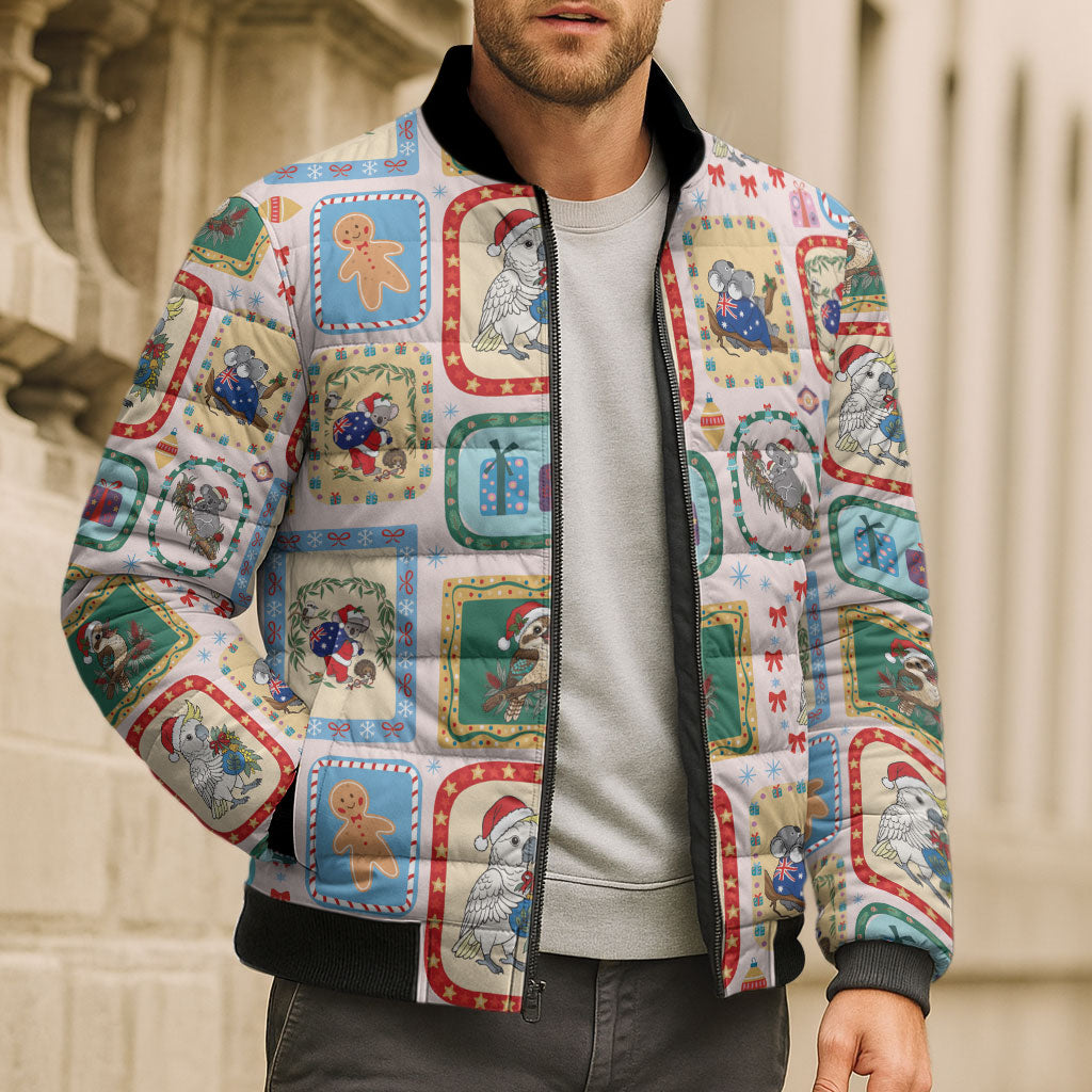Australia Wildlife Christmas Stamp Bomber Puffer Jacket Pink Aussie Native Animal Seamless Pattern