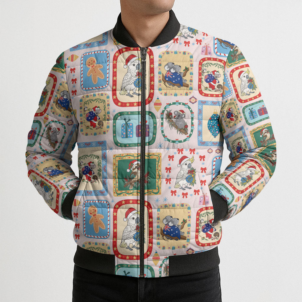 Australia Wildlife Christmas Stamp Bomber Puffer Jacket Pink Aussie Native Animal Seamless Pattern