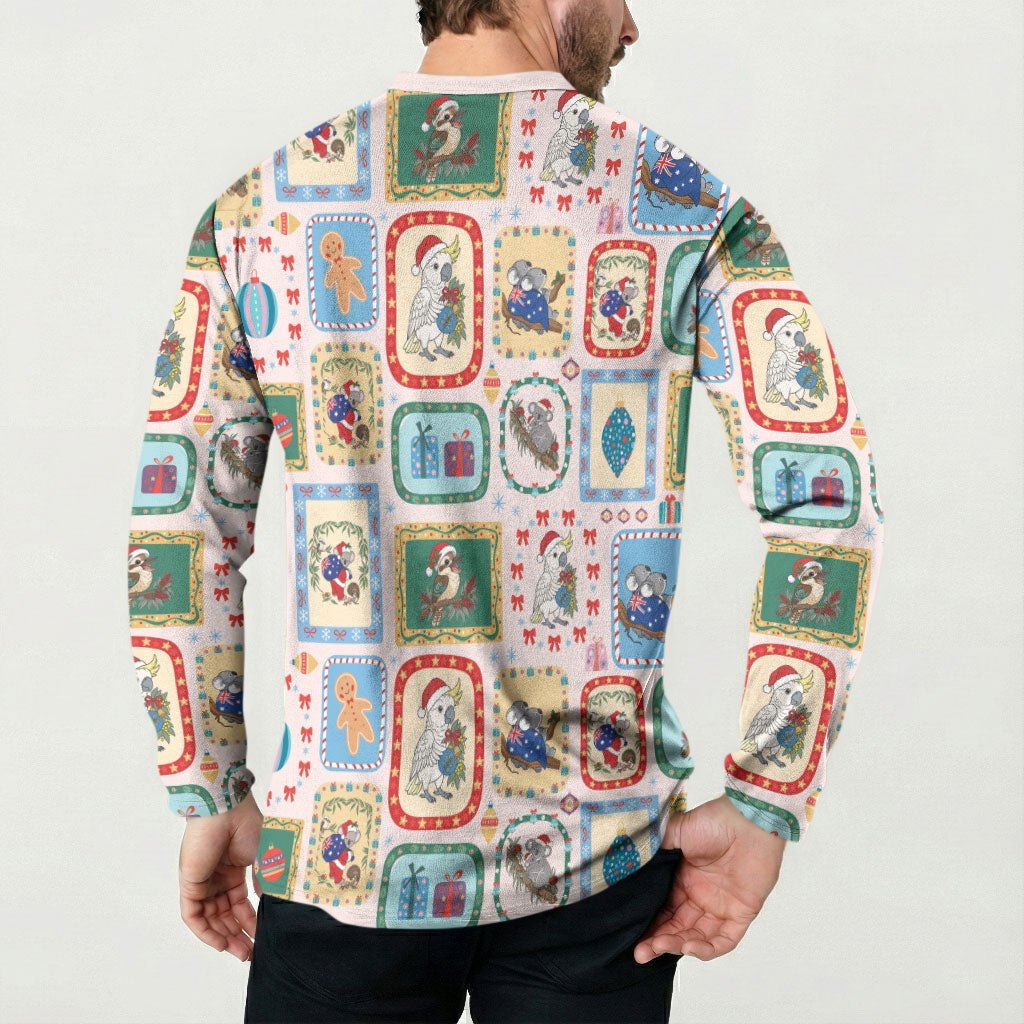Australia Wildlife Christmas Stamp Button Sweatshirt Pink Aussie Native Animal Seamless Pattern