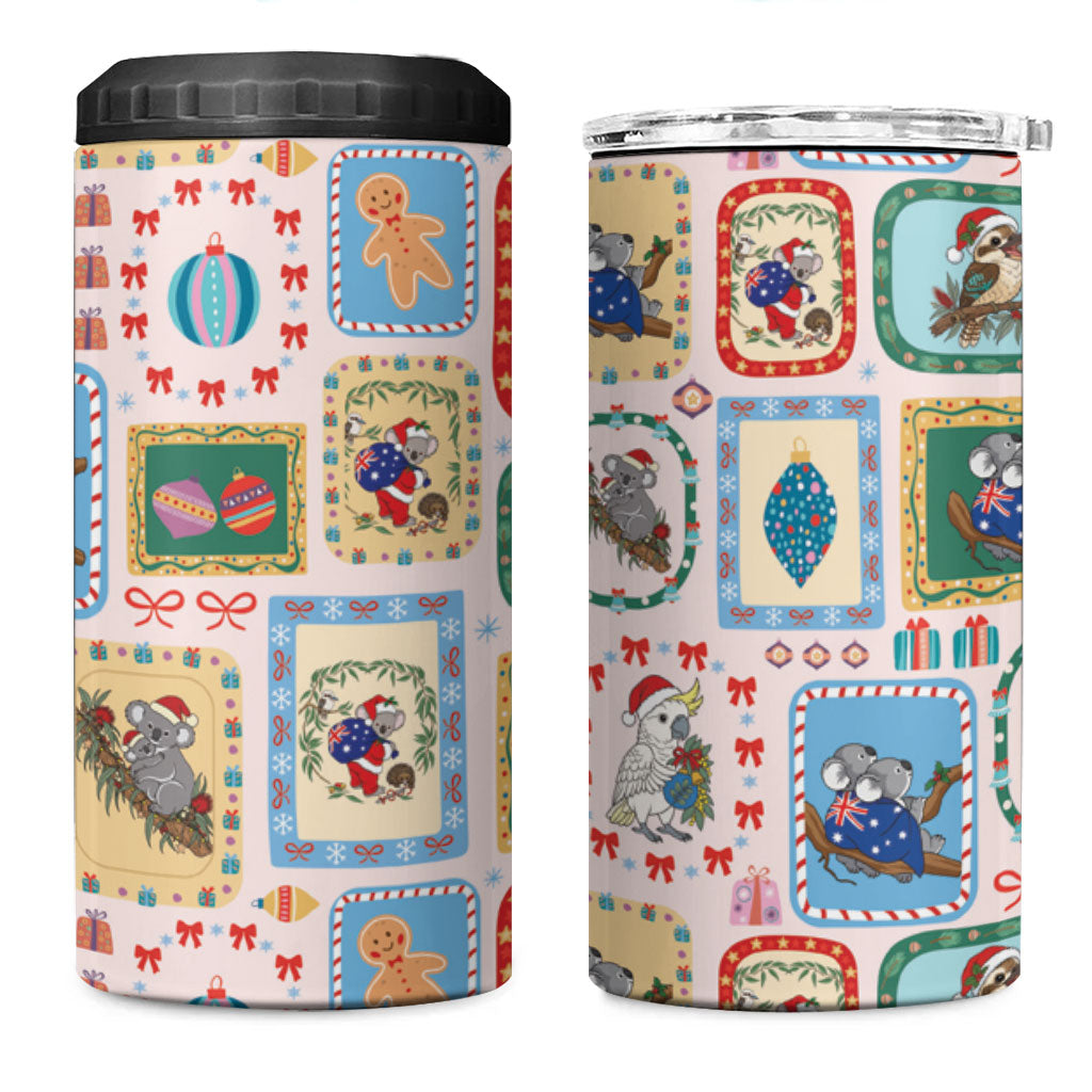 Australia Wildlife Christmas Stamp 4 in 1 Can Cooler Tumbler Pink Aussie Native Animal Seamless Pattern