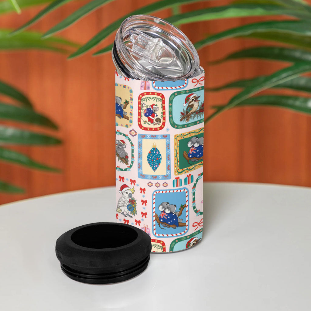 Australia Wildlife Christmas Stamp 4 in 1 Can Cooler Tumbler Pink Aussie Native Animal Seamless Pattern