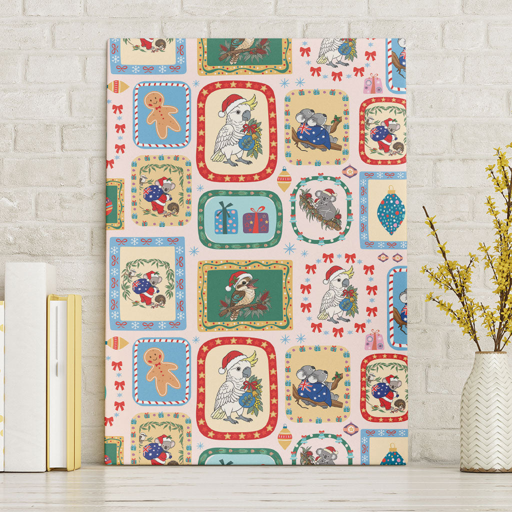 Australia Wildlife Christmas Stamp Canvas Wall Art Pink Aussie Native Animal Seamless Pattern