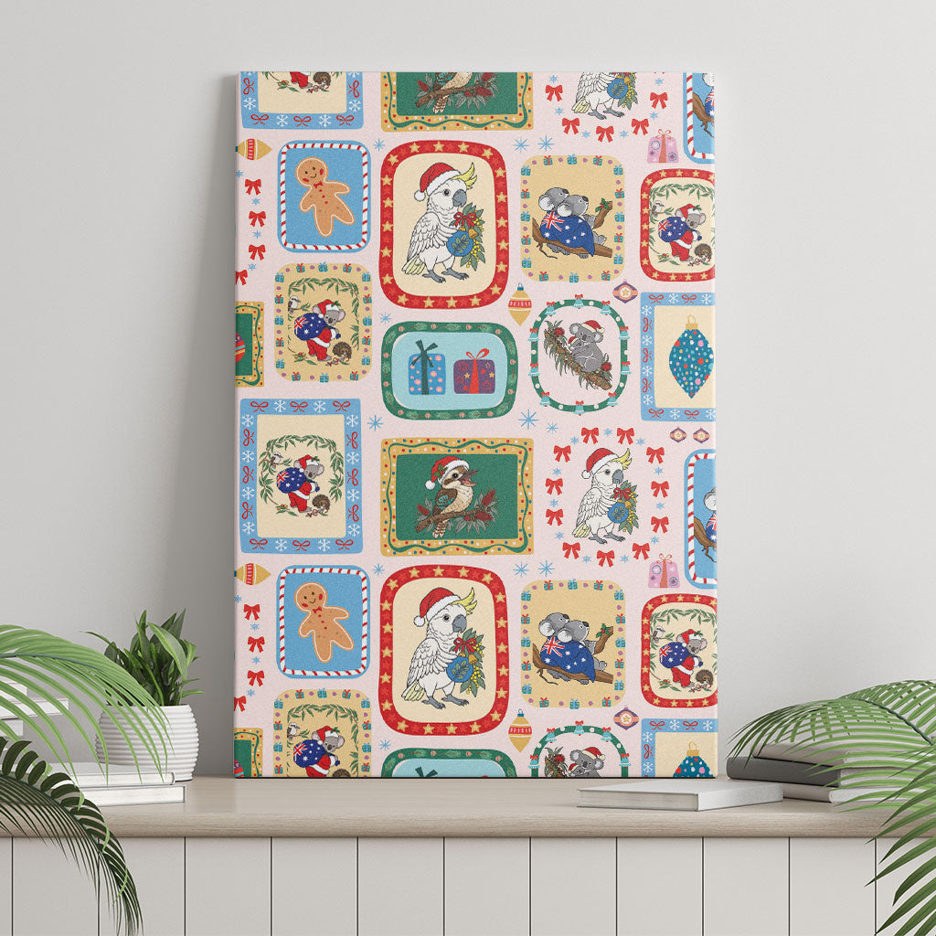 Australia Wildlife Christmas Stamp Canvas Wall Art Pink Aussie Native Animal Seamless Pattern