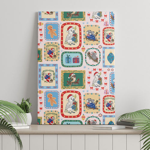 Australia Wildlife Christmas Stamp Canvas Wall Art Pink Aussie Native Animal Seamless Pattern
