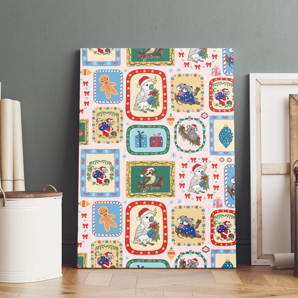 Australia Wildlife Christmas Stamp Canvas Wall Art Pink Aussie Native Animal Seamless Pattern