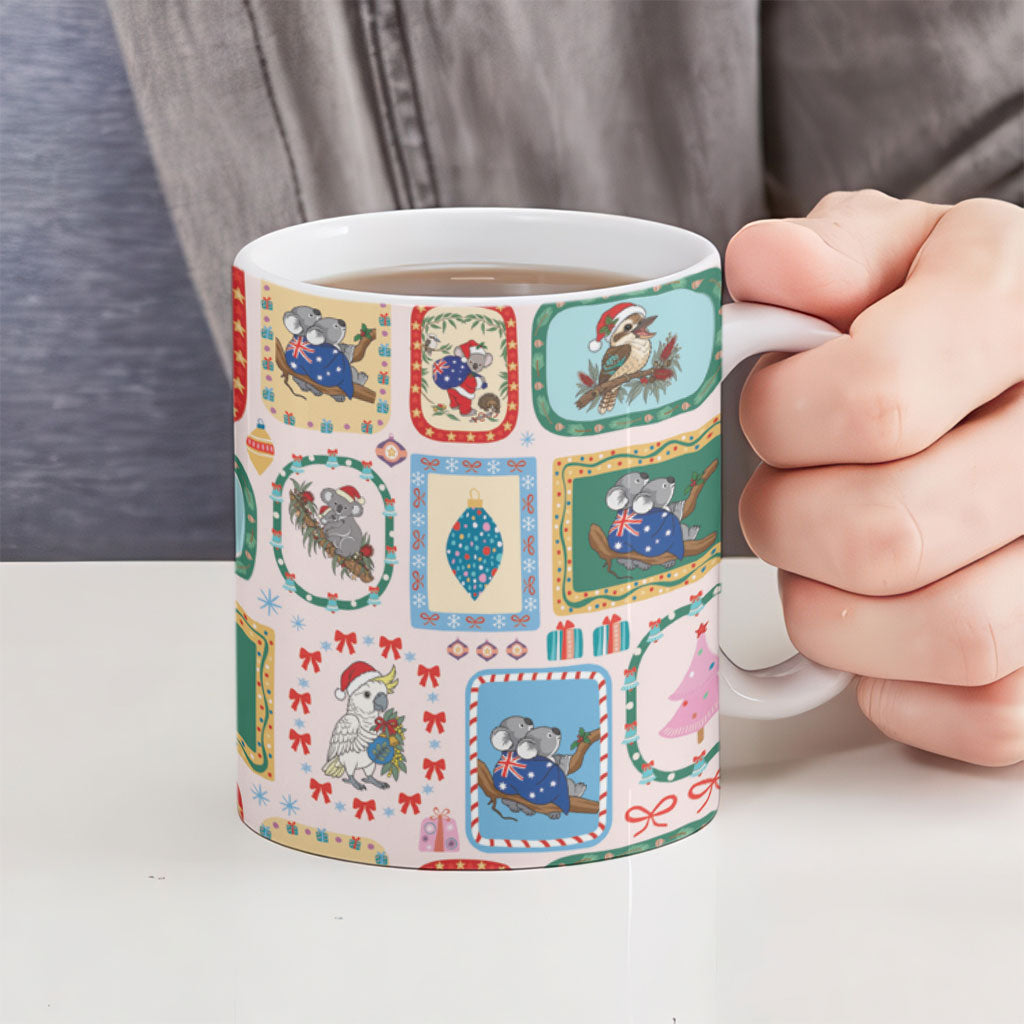 Australia Wildlife Christmas Stamp Ceramic Mug Pink Aussie Native Animal Seamless Pattern
