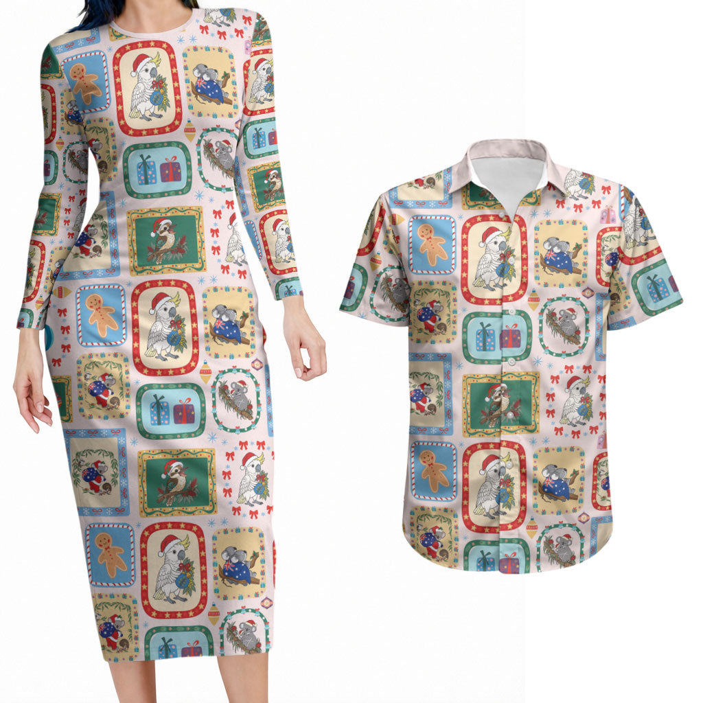 Australia Wildlife Christmas Stamp Couples Matching Long Sleeve Bodycon Dress and Hawaiian Shirt Pink Aussie Native Animal Seamless Pattern