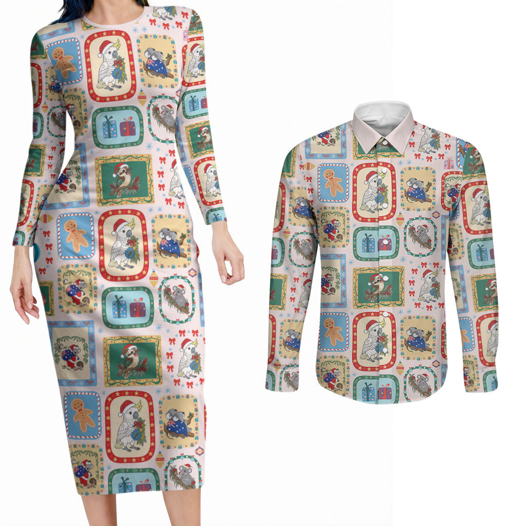 Australia Wildlife Christmas Stamp Couples Matching Long Sleeve Bodycon Dress and Long Sleeve Button Shirt Pink Aussie Native Animal Seamless Pattern