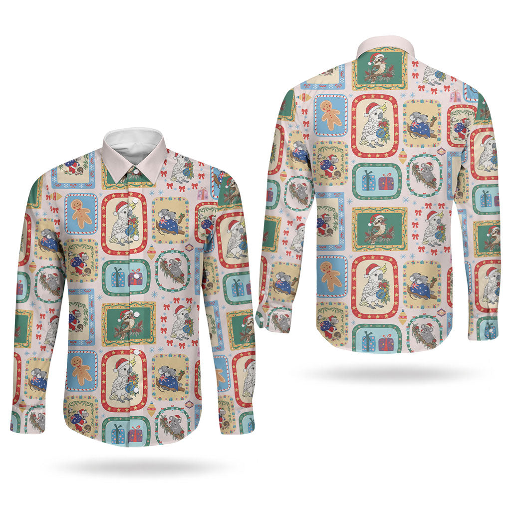Australia Wildlife Christmas Stamp Couples Matching Long Sleeve Bodycon Dress and Long Sleeve Button Shirt Pink Aussie Native Animal Seamless Pattern