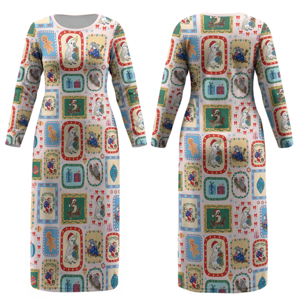 Australia Wildlife Christmas Stamp Couples Matching Long Sleeve Bodycon Dress and Long Sleeve Button Shirt Pink Aussie Native Animal Seamless Pattern