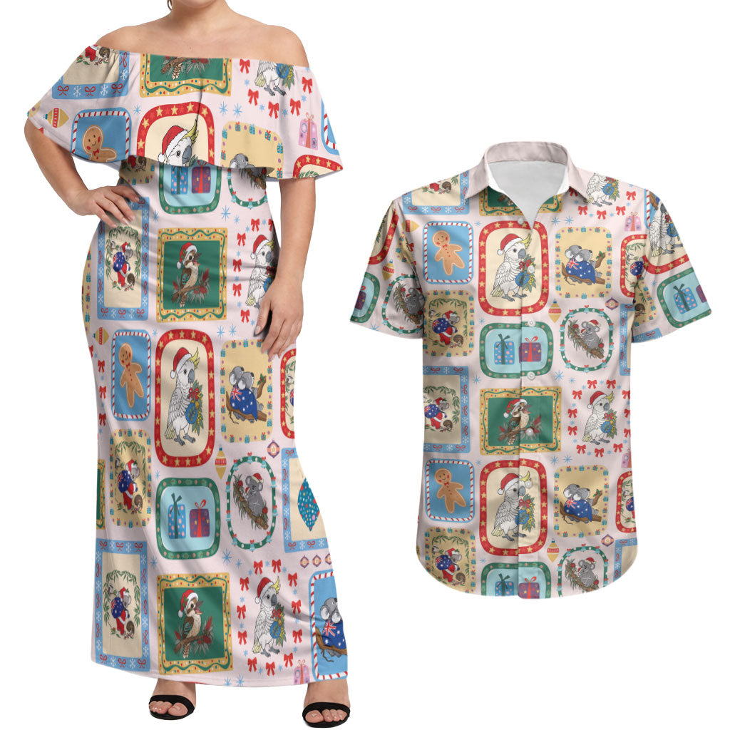 Australia Wildlife Christmas Stamp Couples Matching Off Shoulder Maxi Dress and Hawaiian Shirt Pink Aussie Native Animal Seamless Pattern
