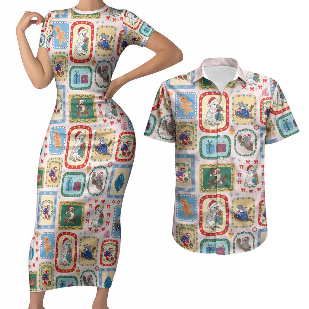 Australia Wildlife Christmas Stamp Couples Matching Short Sleeve Bodycon Dress and Hawaiian Shirt Pink Aussie Native Animal Seamless Pattern