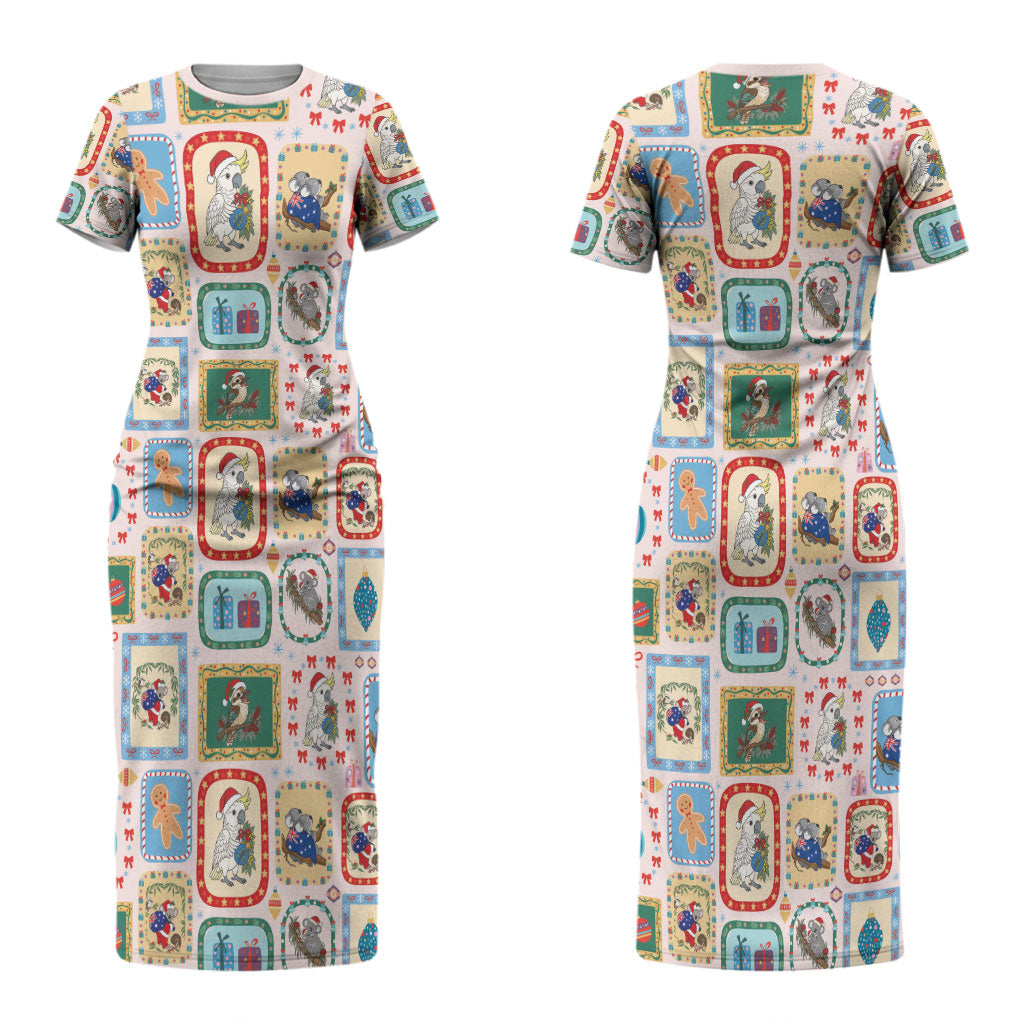 Australia Wildlife Christmas Stamp Couples Matching Short Sleeve Bodycon Dress and Hawaiian Shirt Pink Aussie Native Animal Seamless Pattern