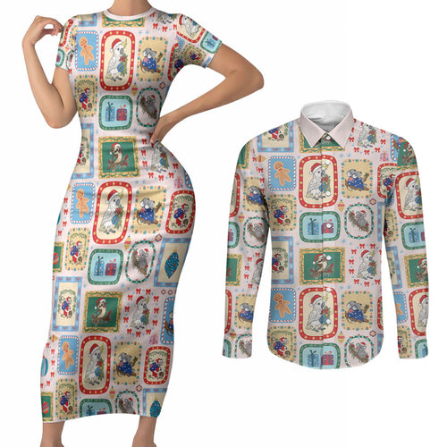 Australia Wildlife Christmas Stamp Couples Matching Short Sleeve Bodycon Dress and Long Sleeve Button Shirt Pink Aussie Native Animal Seamless Pattern