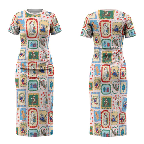 Australia Wildlife Christmas Stamp Couples Matching Short Sleeve Bodycon Dress and Long Sleeve Button Shirt Pink Aussie Native Animal Seamless Pattern