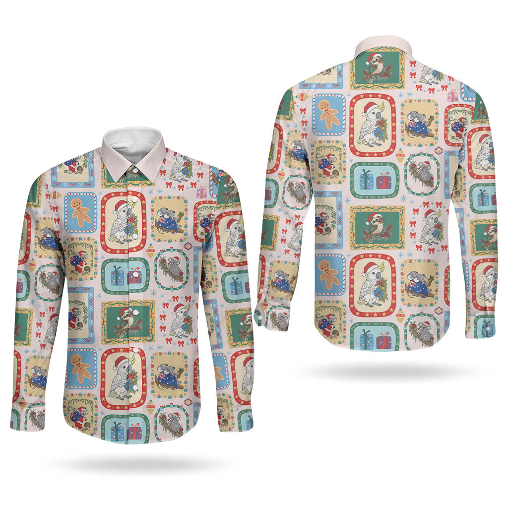 Australia Wildlife Christmas Stamp Couples Matching Summer Maxi Dress and Long Sleeve Button Shirt Pink Aussie Native Animal Seamless Pattern