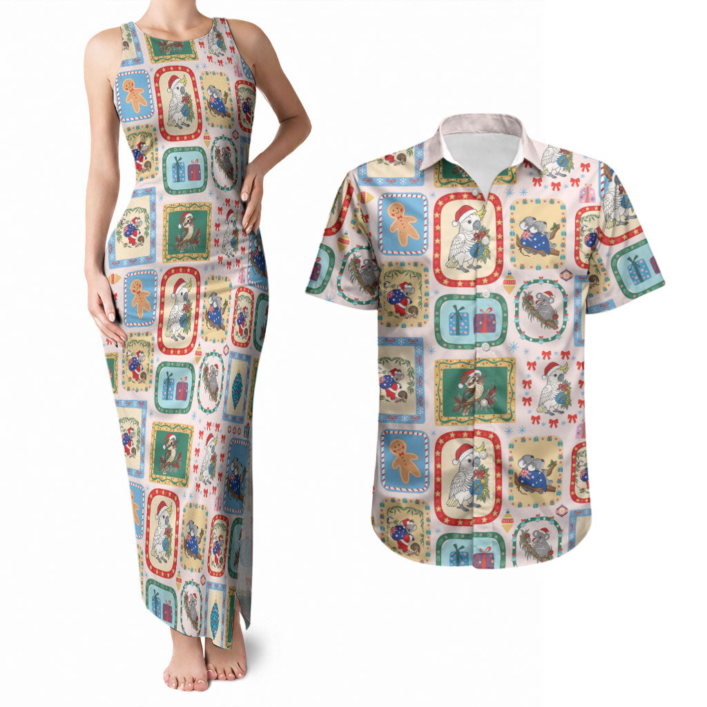 Australia Wildlife Christmas Stamp Couples Matching Tank Maxi Dress and Hawaiian Shirt Pink Aussie Native Animal Seamless Pattern