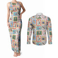 Australia Wildlife Christmas Stamp Couples Matching Tank Maxi Dress and Long Sleeve Button Shirt Pink Aussie Native Animal Seamless Pattern