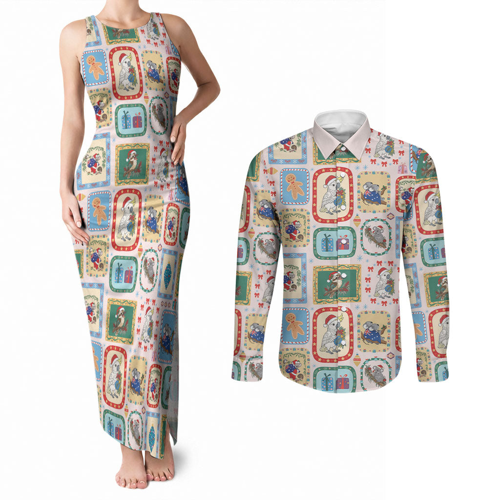 Australia Wildlife Christmas Stamp Couples Matching Tank Maxi Dress and Long Sleeve Button Shirt Pink Aussie Native Animal Seamless Pattern