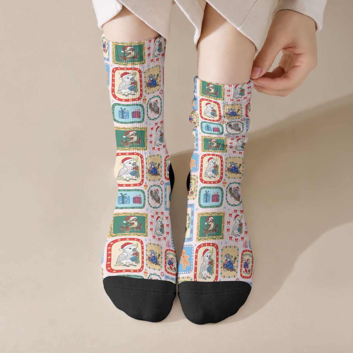Australia Wildlife Christmas Stamp Crew Socks Pink Aussie Native Animal Seamless Pattern
