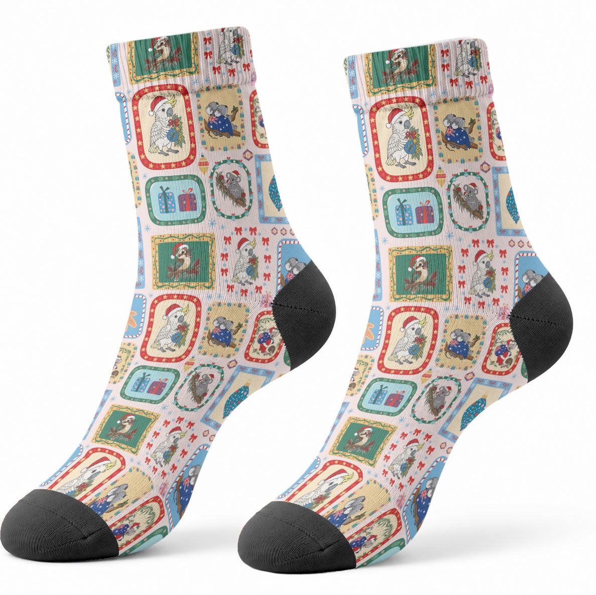 Australia Wildlife Christmas Stamp Crew Socks Pink Aussie Native Animal Seamless Pattern