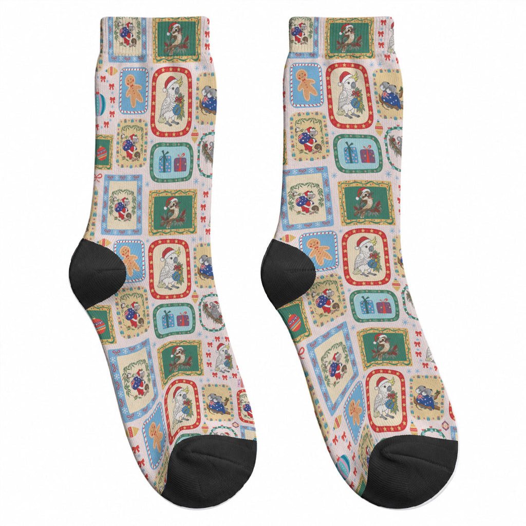 Australia Wildlife Christmas Stamp Crew Socks Pink Aussie Native Animal Seamless Pattern